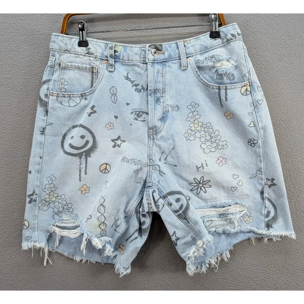 Y2K Wild Fable Denim Shorts Womens Sz 12 Graffiti Doodle Distressed Blue Cotton